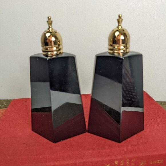 Mikasa Other - Mikasa Black glass crystal onyx salt and pepper shakers geometric gold